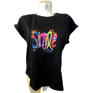 New TABA Top Women's Size 2XL Black Flower SMILE Stretch Cotton Tee T-Shirt